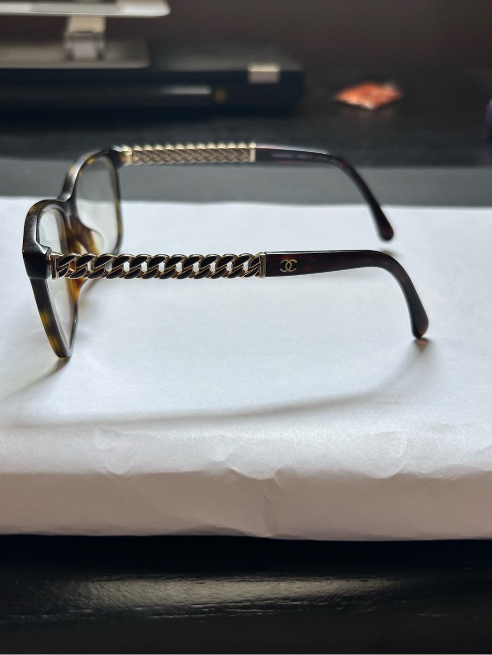 CHANEL- Authentic- Tortoise shell Reading glasses Arms with Chain Accent OBO